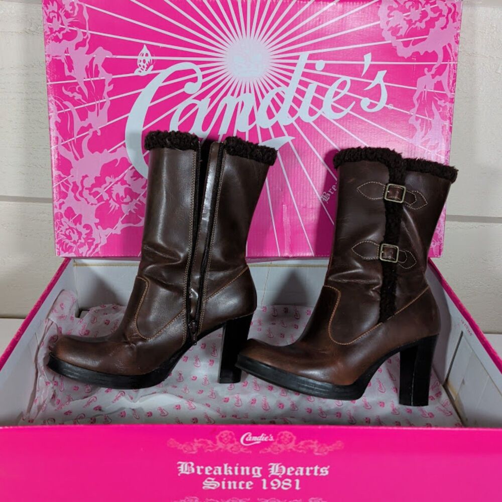 Vintage Candie's Chavlis Brown Faux-Shearling Mid-Calf Heeled Boots